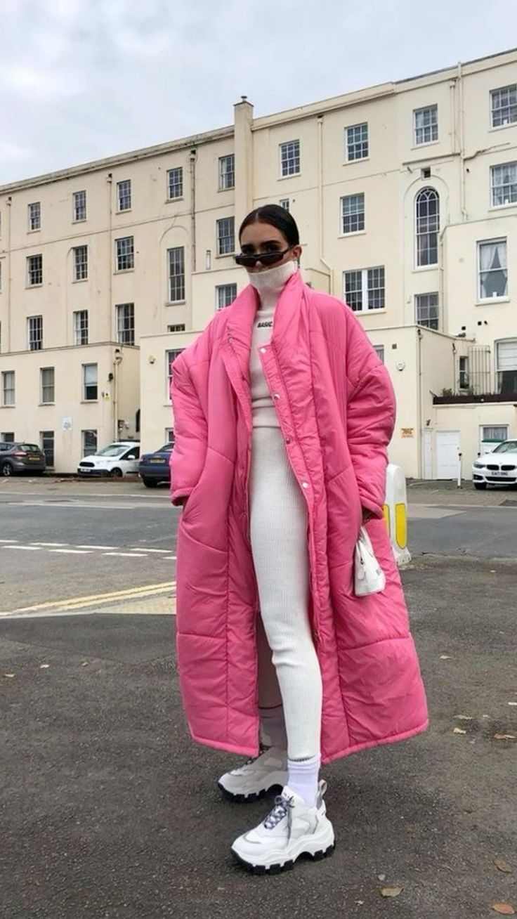 Oversized Pink Puffer with White Knit Set